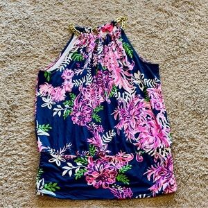 Lilly Pulitzer Bowen Halter Pink and Navy Floral. Size L